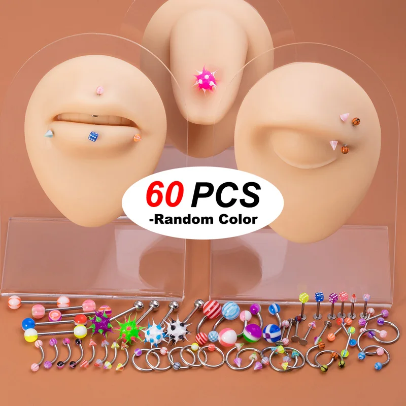 

60-110pc Acrylic Ball Piercing Body Jewelry Set Ear Stud Earring Bar Lip Tongue Nose Belly Ring Barbell Mixed Style Random Color
