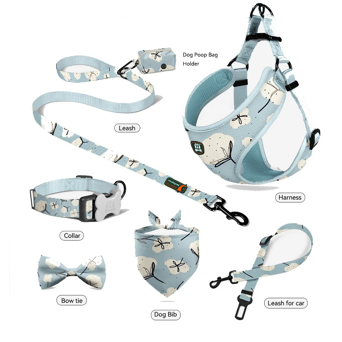 

Pet Collar Harness Lead Set With Poop Bag Holder Bow Tie