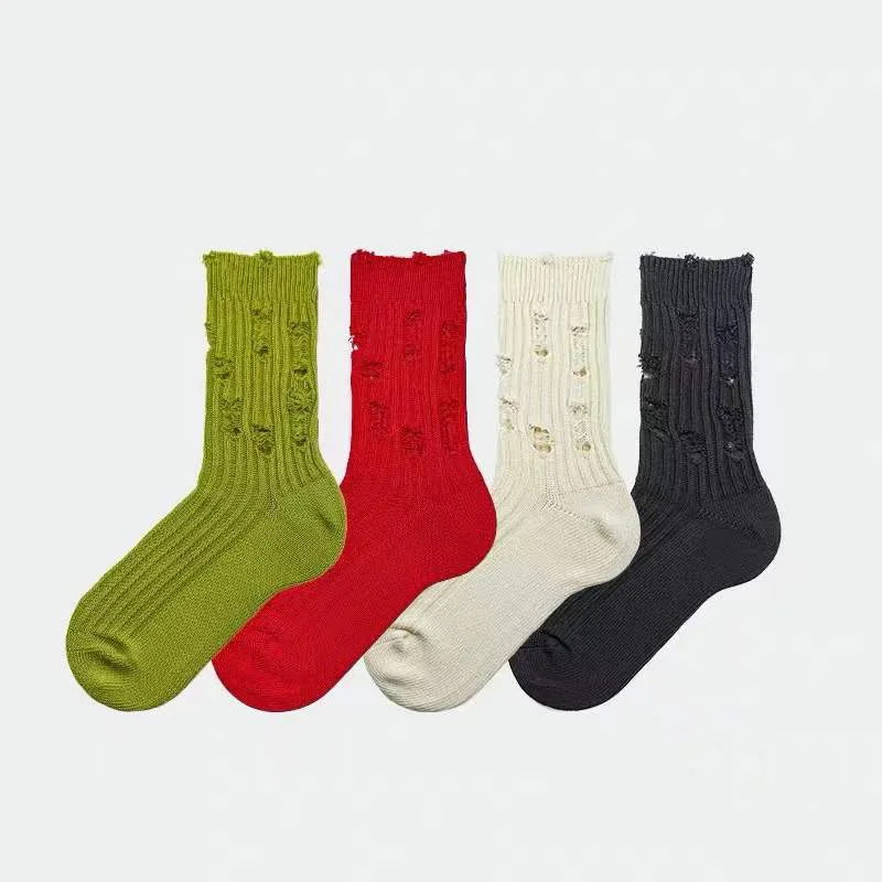 Worn-out Crew Socks for Women Men 5 Pairs 6 Pairs per Set Ribbed Orange Cotton Knee High Distressed Socks