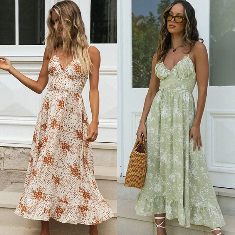 

Платье женское летнее с V-образным вырезом и воланом