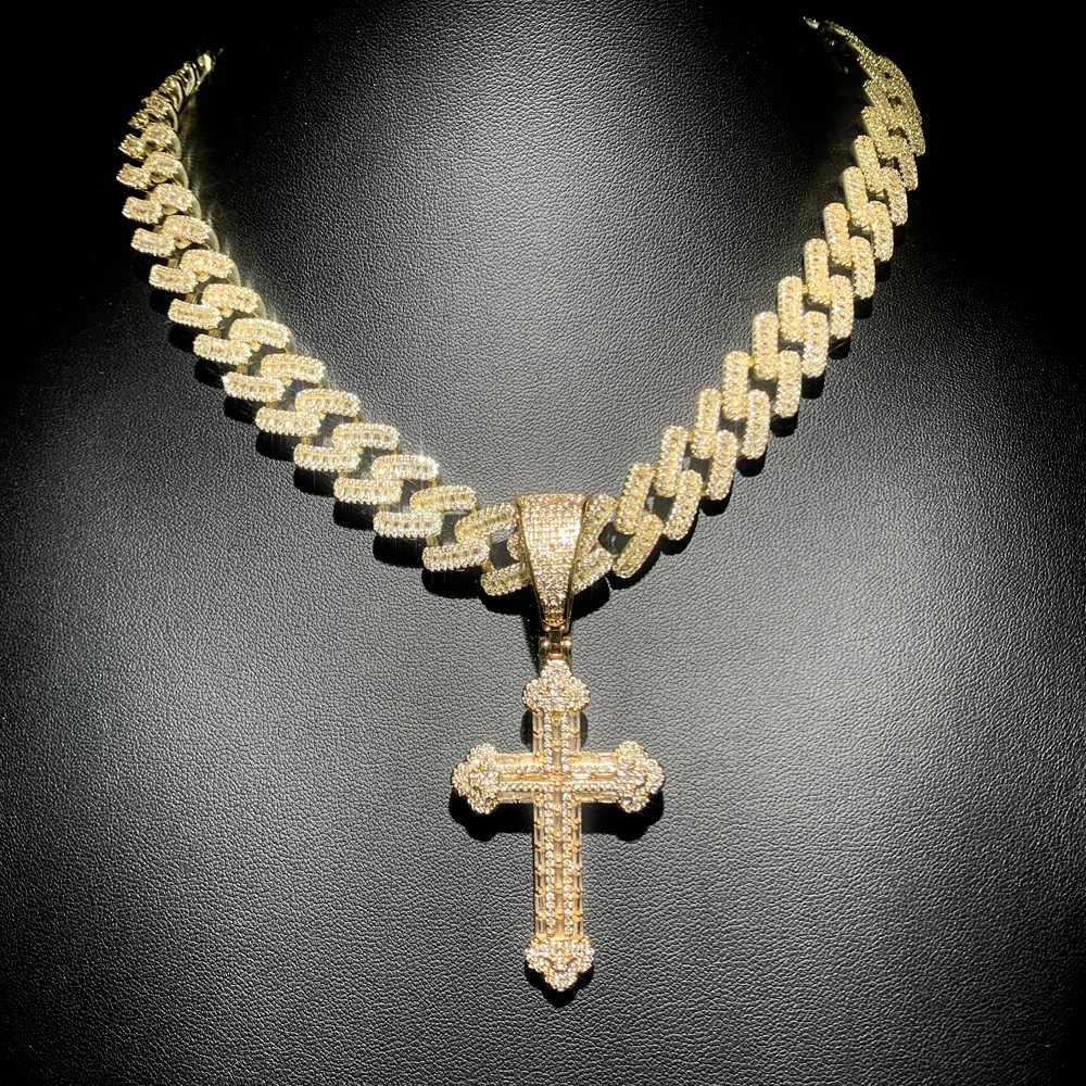 Фото Ожерелье Iced Out Cross для мужчин и женщин, блестящий серебряный цвет, подвеска с кубическим цирконием, 15 мм, кубинская цепочка, ювелирные изделия в стиле хип-хоп №5