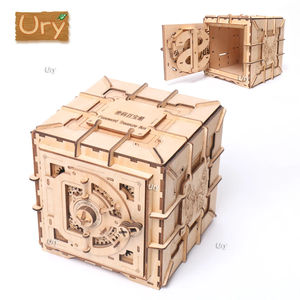 

URY 3D Wooden Puzzle Code Box Password Treasure Gift Creative DIY Game Assembly Model Toys for Children Teens Adult