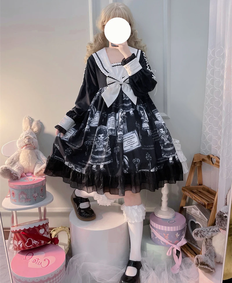 

2023 Gothic Lolita Dress Black Women Naval Leader Long Sleeve Ruffles Hemlines Cosplay Party Outfit Clothing One Piece Summer