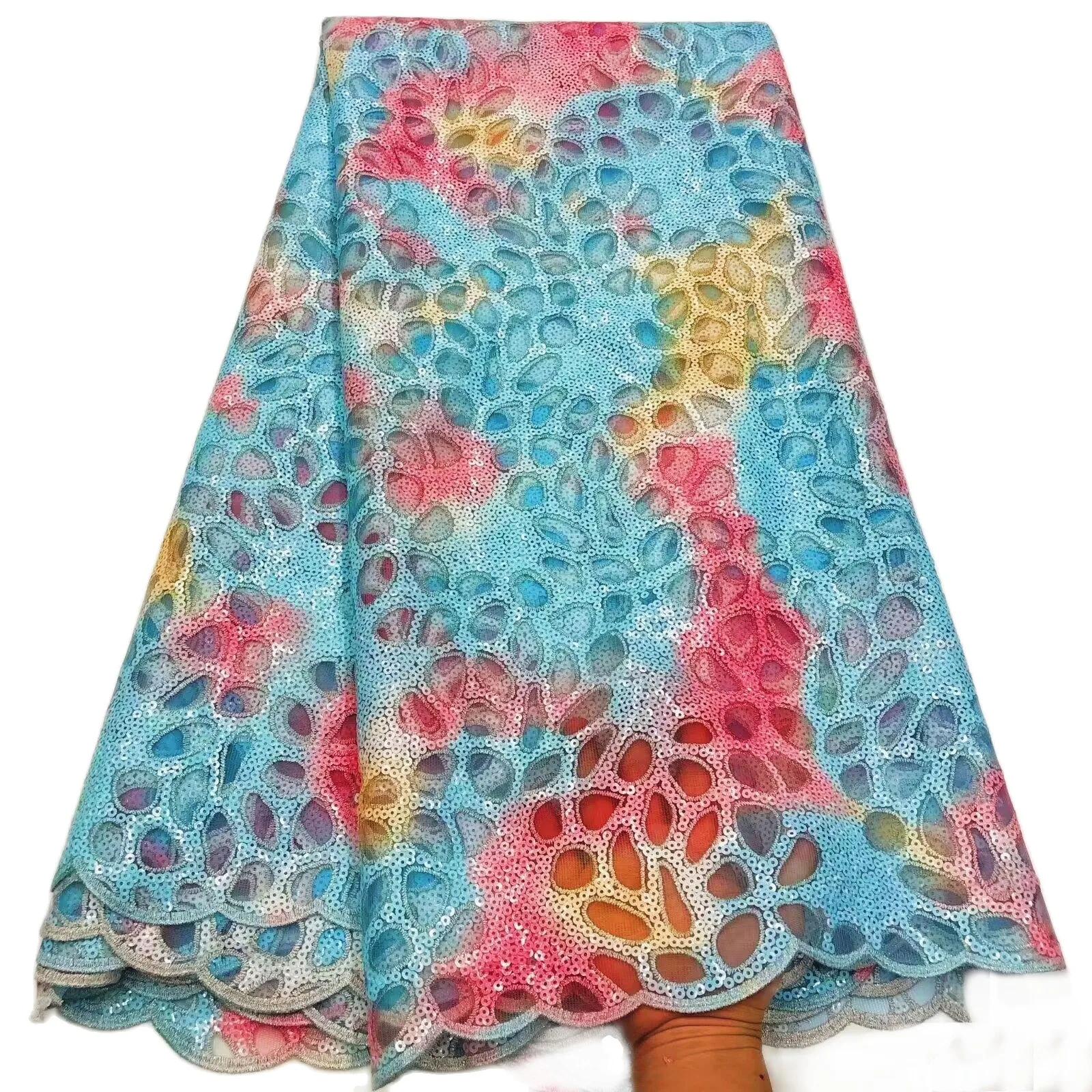 

African Lace Fabric With 3D Flower Mix Sequins Nigerian Multcolor Mesh Lace Fabric Sew Clothes Traditional Wear Evening 2022