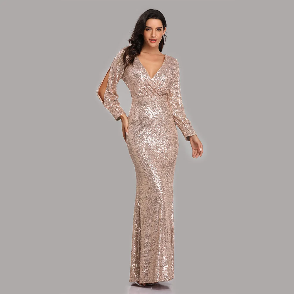 fashion elegant Long sleeve women's dress Mermaid V-neck luxury evening dress Sequin Beaded Wedding Guest Party Cocktail Dresses