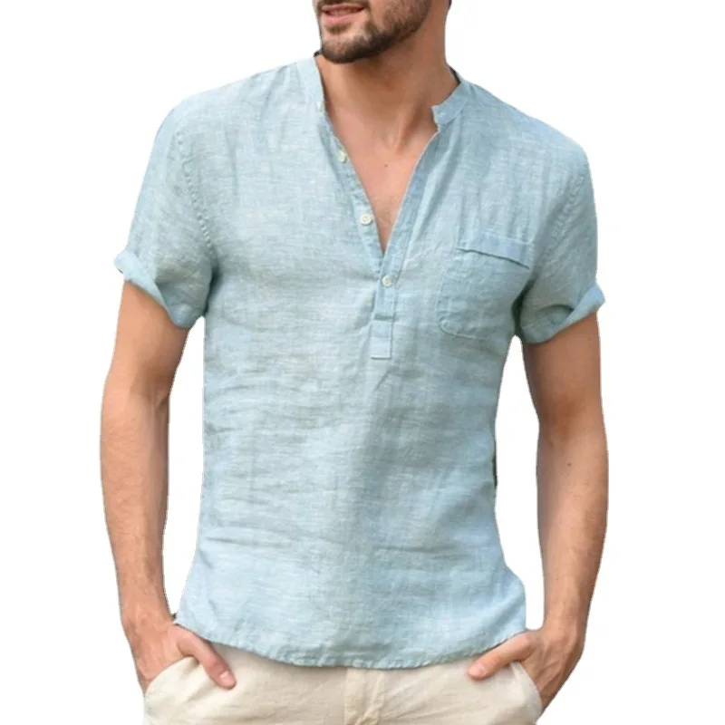 

Summer New Short Sleeve Shirts Fashion Solid Standing Neck Button Half Open Blouse Handsome Men Shirt Dropshipping YMMEN006
