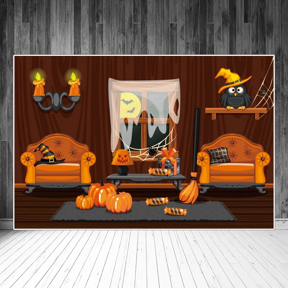 

Halloween Photography Backdrops Decors Interior Pumpkin Chairs Candy Bats Window Sign Baby Photocall Photo Backgrounds Accessory