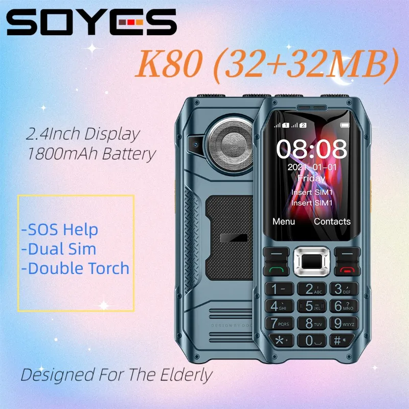 

2022 New Arrival SOYES K80 GSM 2G Mobile Phone 1800mAh Dual SIM Cards Double Torch Loud Sound MP3 FM Vibration Elder Cellphone