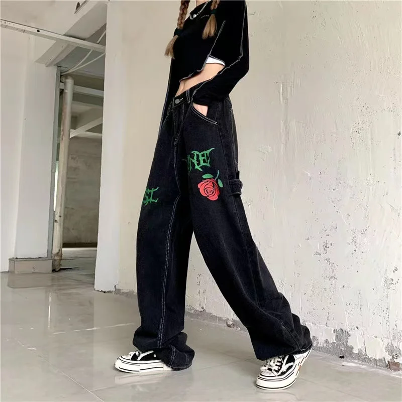 

Hippie High Waist Baggy Jeans Woman Vintage Y2k Streetwear Rose Printing Straight Trouser Goth Clothing Wide Leg Denim Pants