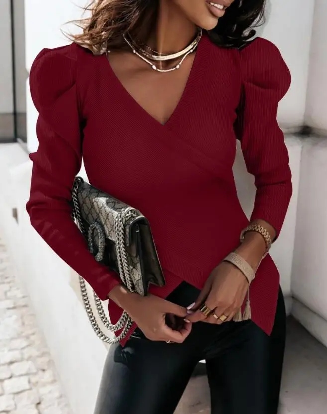 

2023 New Autumn Sexy V-Neck Gigot Sleeve Top Women Blouses Overlap Wrap Ribbed Top Long-Sleeved Elegant Solid Color Commuter Top