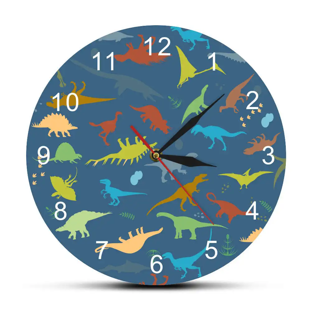 

Colorful Dinosaur Printing Wall Clock Creative Home Decor For Nursery Kid Room Cartoon Jurassic Period Dinosaur World Wall Watch