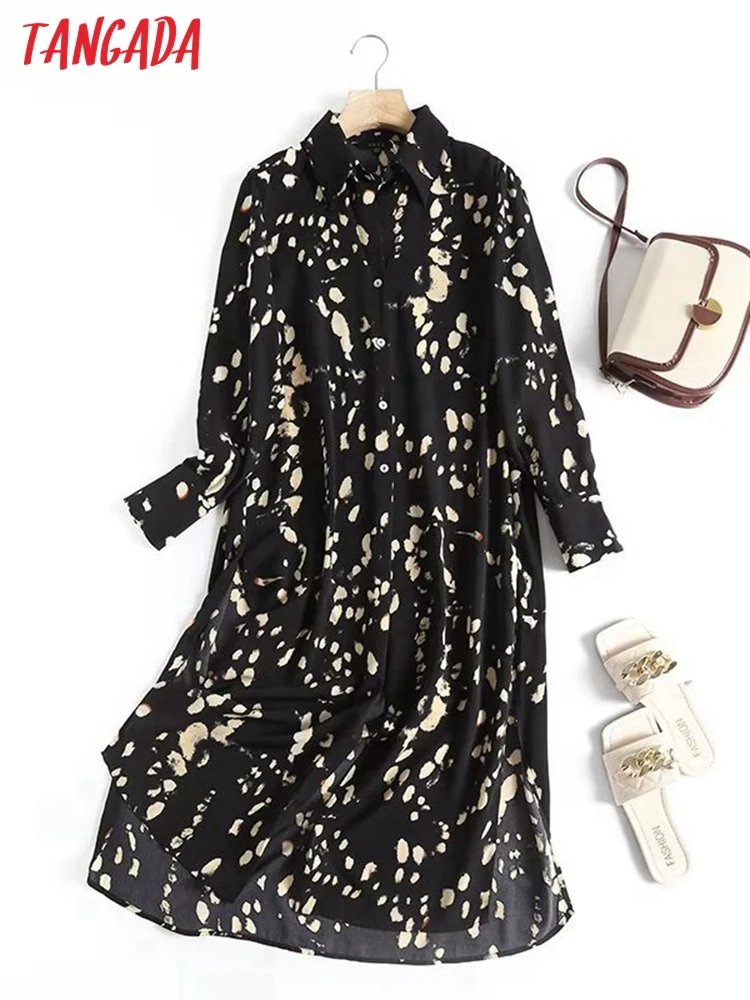 

Платье-рубашка женское черное с длинным рукавом и принтом