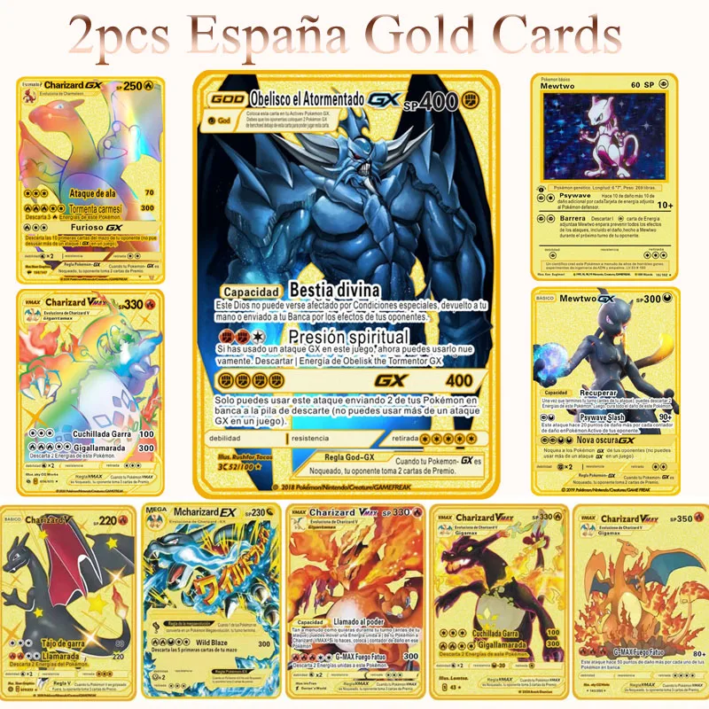

2PCS Pokemon Metal Cards Spanish MEGA V VMAX Collection Gold Card Charizard Pikachu Anime Playing Game Kids Toys Christmas Gifts