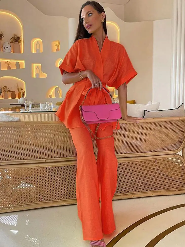 2022 Summer Fashion Orange Outfit Women Loose Trousers Suits Shirts with Sashes Long Pants Two Pieces Sets Design Women Clothing