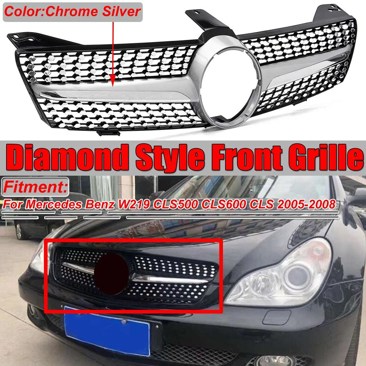 

Chrome /Black W219 Diamond Grill Car Front Bumper Grille Grill For Mercedes For Benz W219 CLS500 CLS600 CLS 2005 2006 2007 2008