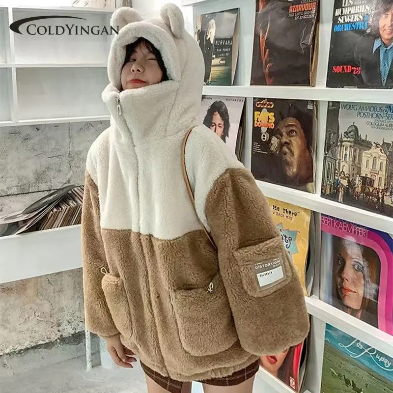 

Winter New Warm Retro Checkerboard Lamb Wool Coat Women Personality Street Casual Hooded Loose Fake Two-piece Female Jacket Coat