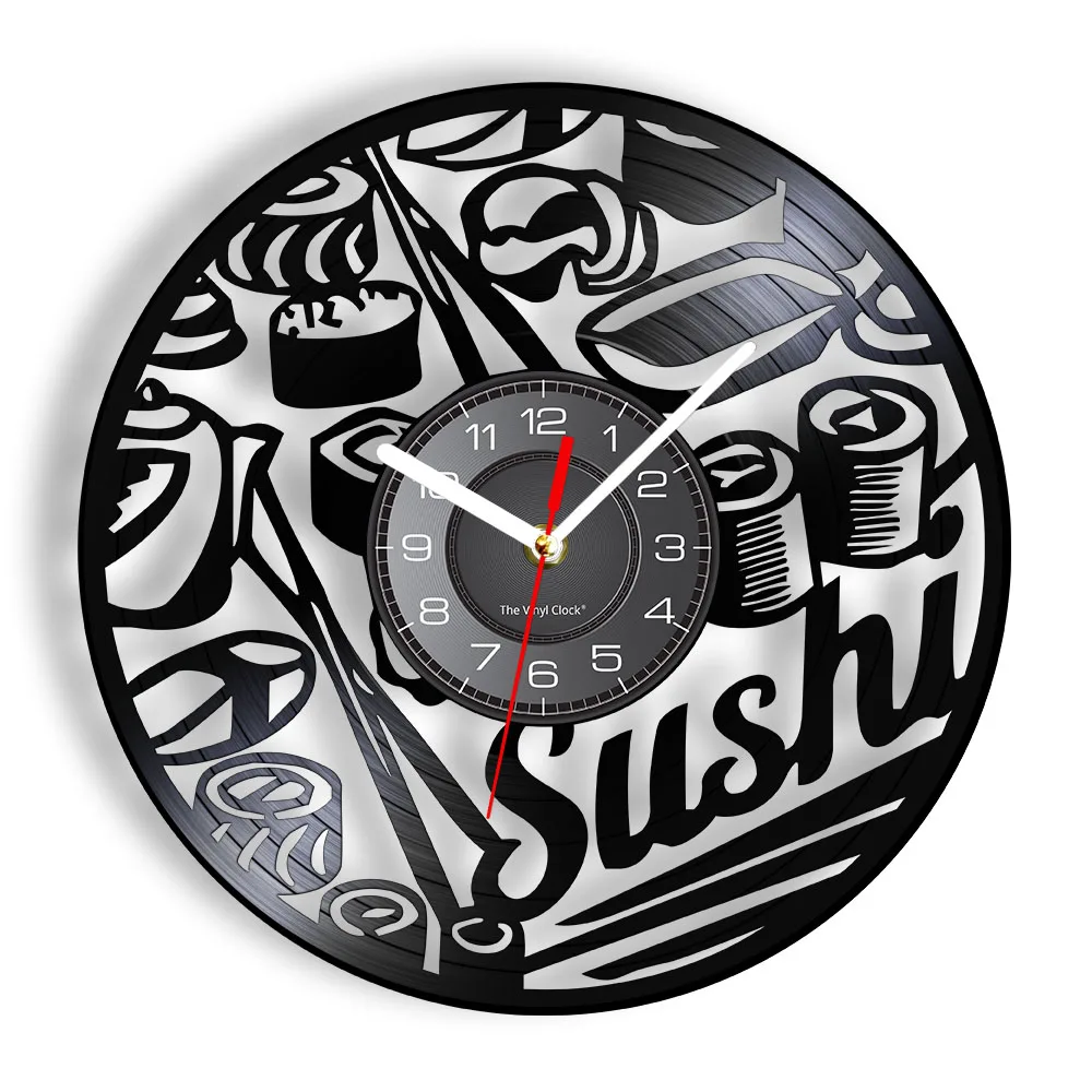 Japanese Foodie Sushi Roll Wall Clock Sashimi Sushi Bar Vintage Vinyl Record Wall Clock Sushi Party Janpanese Gourmet Wall Decor