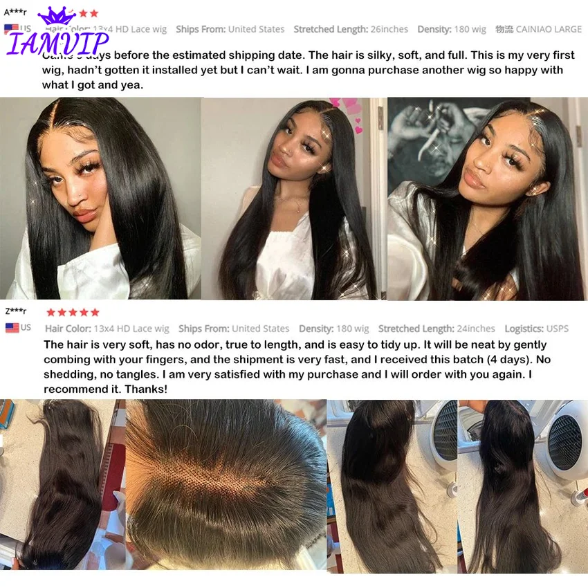 Фото 250% 360 Full Lace 13x6 HD Lace Frontal Wig for Women 13x4 Frant Silky Straight Remy Human Hair Темно-черный Бесклеевой Предварительно выщипанный №5