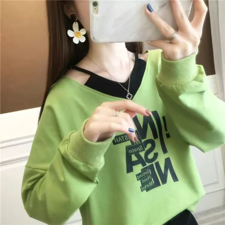 

Новинка 2022, весенне-осенний пуловер, женская тонкая Свободная блузка из двух частей в Корейском стиле с имитацией двух частей, одежда, свитш...