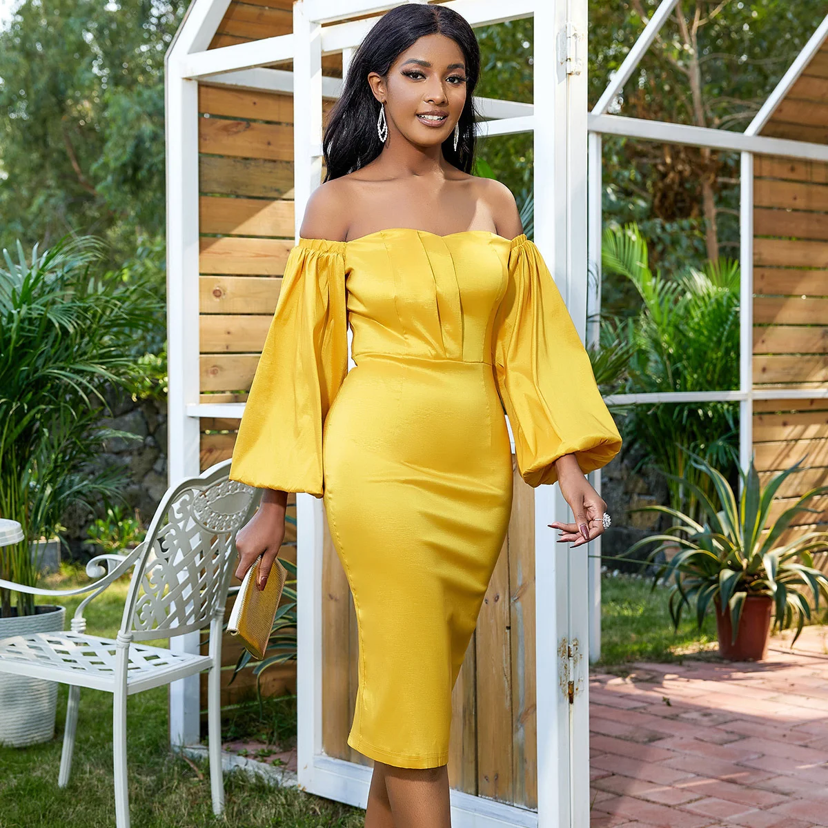 

Women's Dresses Spring Summer Sexy Strapless Off Shoulder Lantern Sleeves High Waist Large Slim Party Dress Large Women's Dress