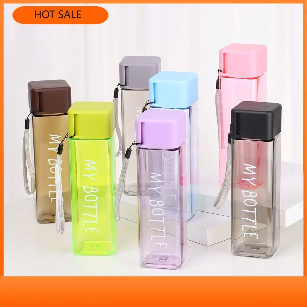 

1Pc 480ml Transparent Square Plastic Matte Water Cup Outdoor Cold Juice Water Sports Cup with Portable Milk Rope Water Bottle