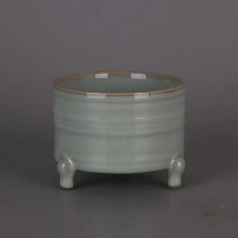 

3.7" China Old Porcelain Song Dynasty Ru Kiln Sky Cyan Three Foot Incense Burner