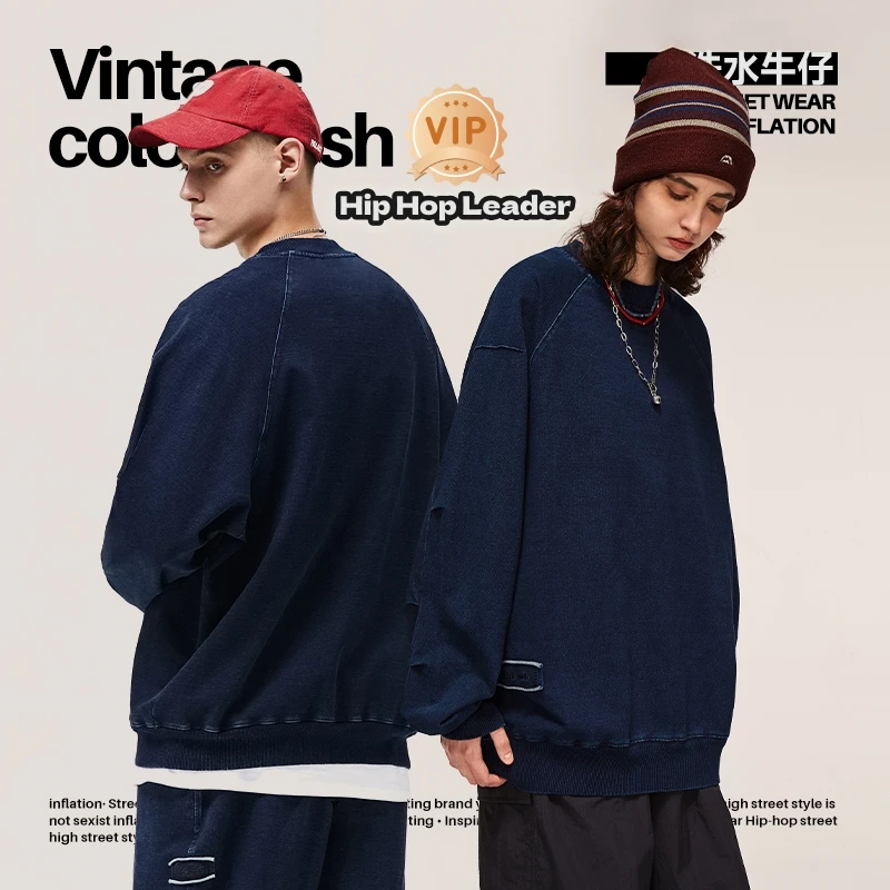 

Hiphop Leader Officiel Store Y2k China-Chic Original Oversized Sweatshirt Female Harajuku High Quality Materials Blue Denim Swea