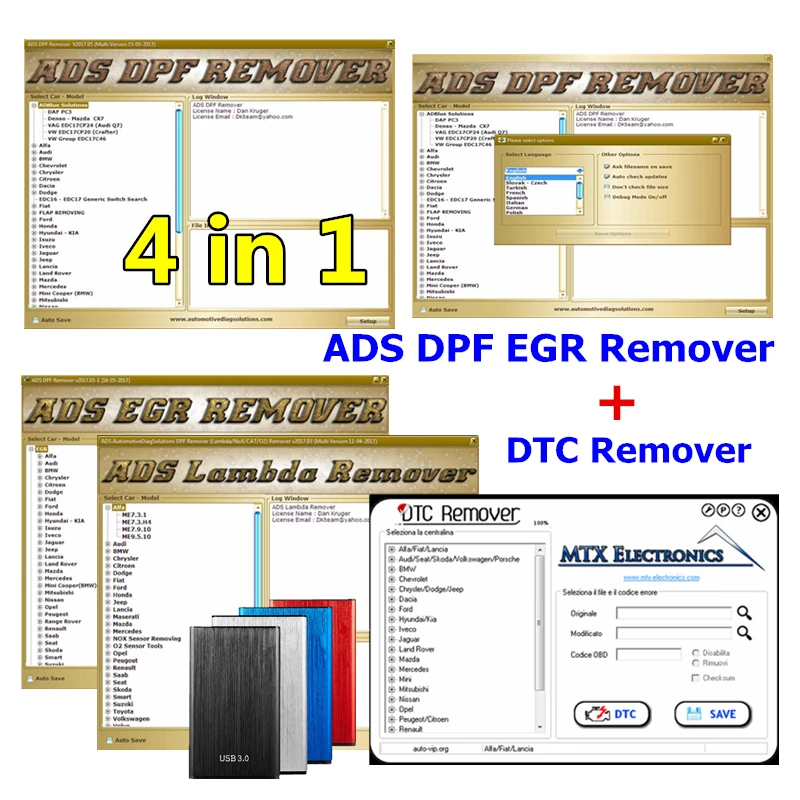 

Newest 4 in1 Professional Software ADS DPF EGR Lambda Remover 3.0 Full 2017.5 Version+DTC remover 1.8.5.0 with free keygen+Video