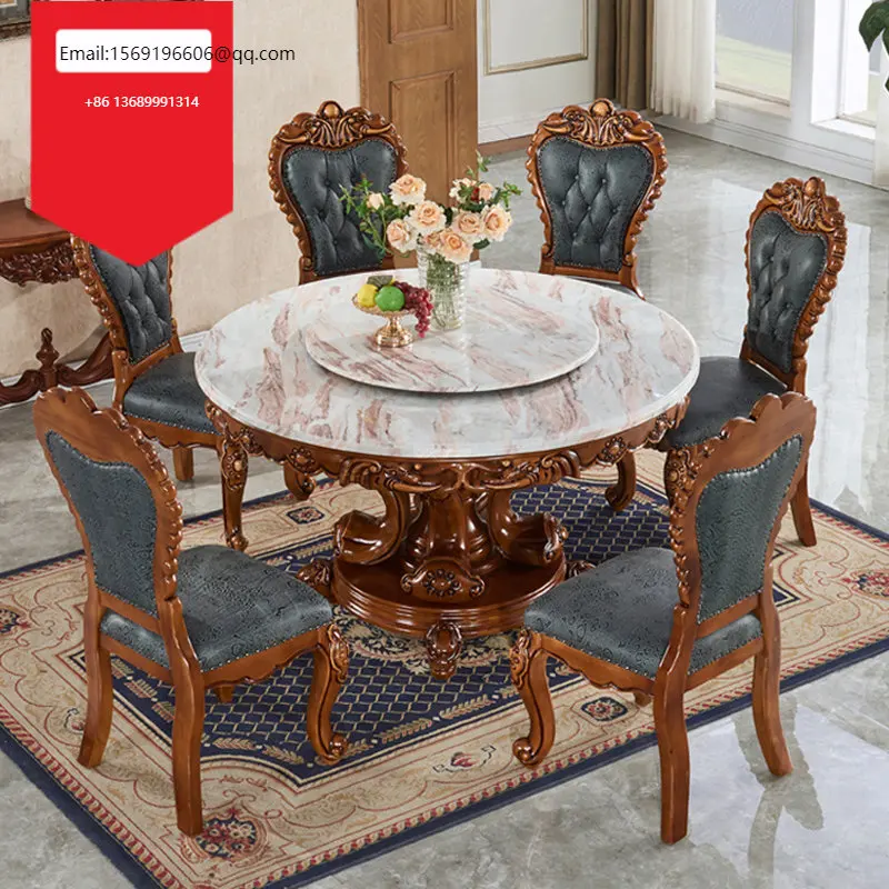 

European-style solid wood combination with turntable round dining table restaurant round table one table and six chairs