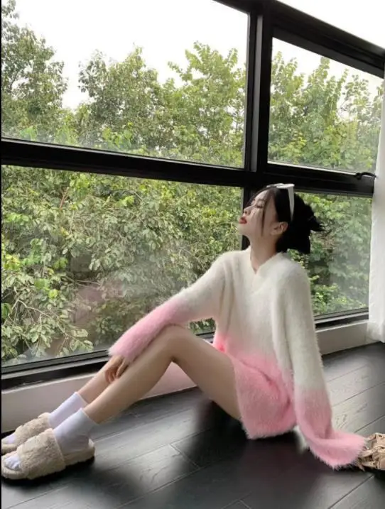 Gentle Wind Mohair Knit Sweater Women 2022Autumn and Winter New Tie-Dye Underwear Missing Outside The Sweater Soft Glutinous Top