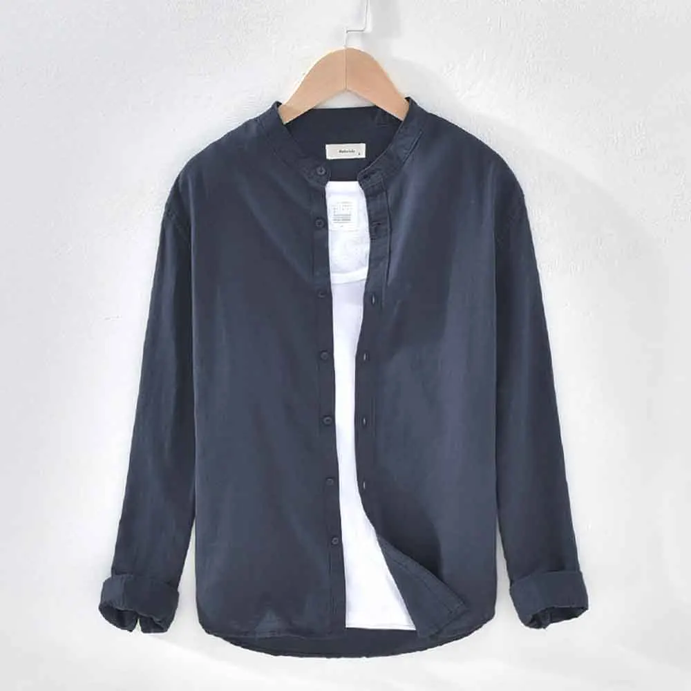 Cotton Linen Hot Sale Men's Long-Sleeved Shirts Solid Color Stand-Up Collar Casual Plus Size