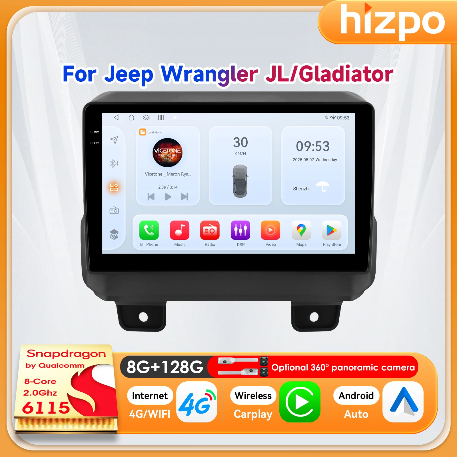 Фото Автомобильная мультимедийная система Hizpo 9 дюймов для Jeep Wrangler JL 2018-2021 и Gladiator 2020-2021 с беспроводным Android Auto №2