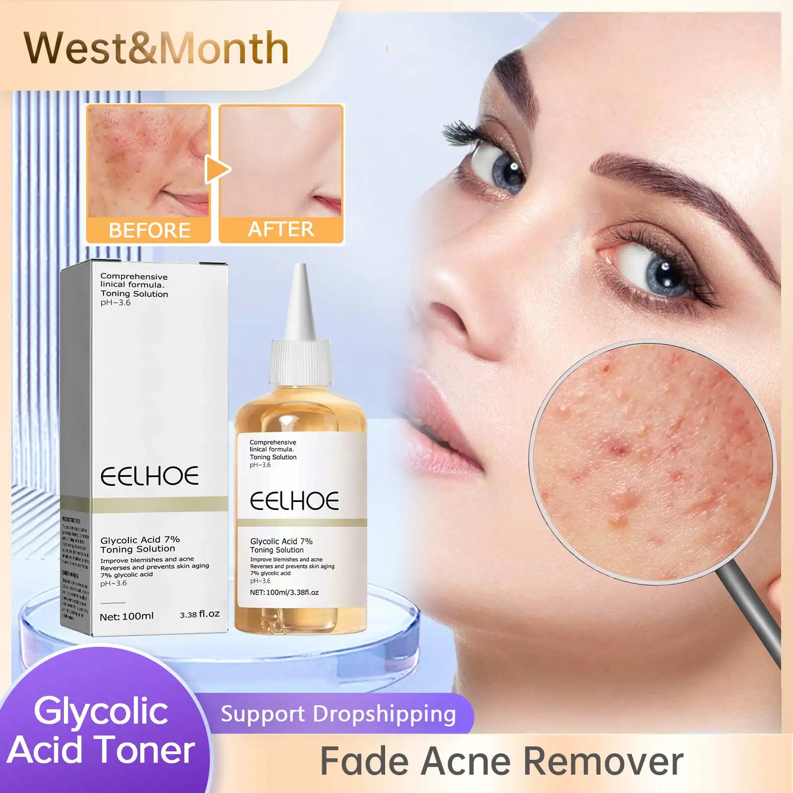 

Glycolic Acid 7% Toning Solution Anti Aging Face Toner Acne Remover Lifting Firming Wrinkles Exfoliator Glowing Facial Skin Care