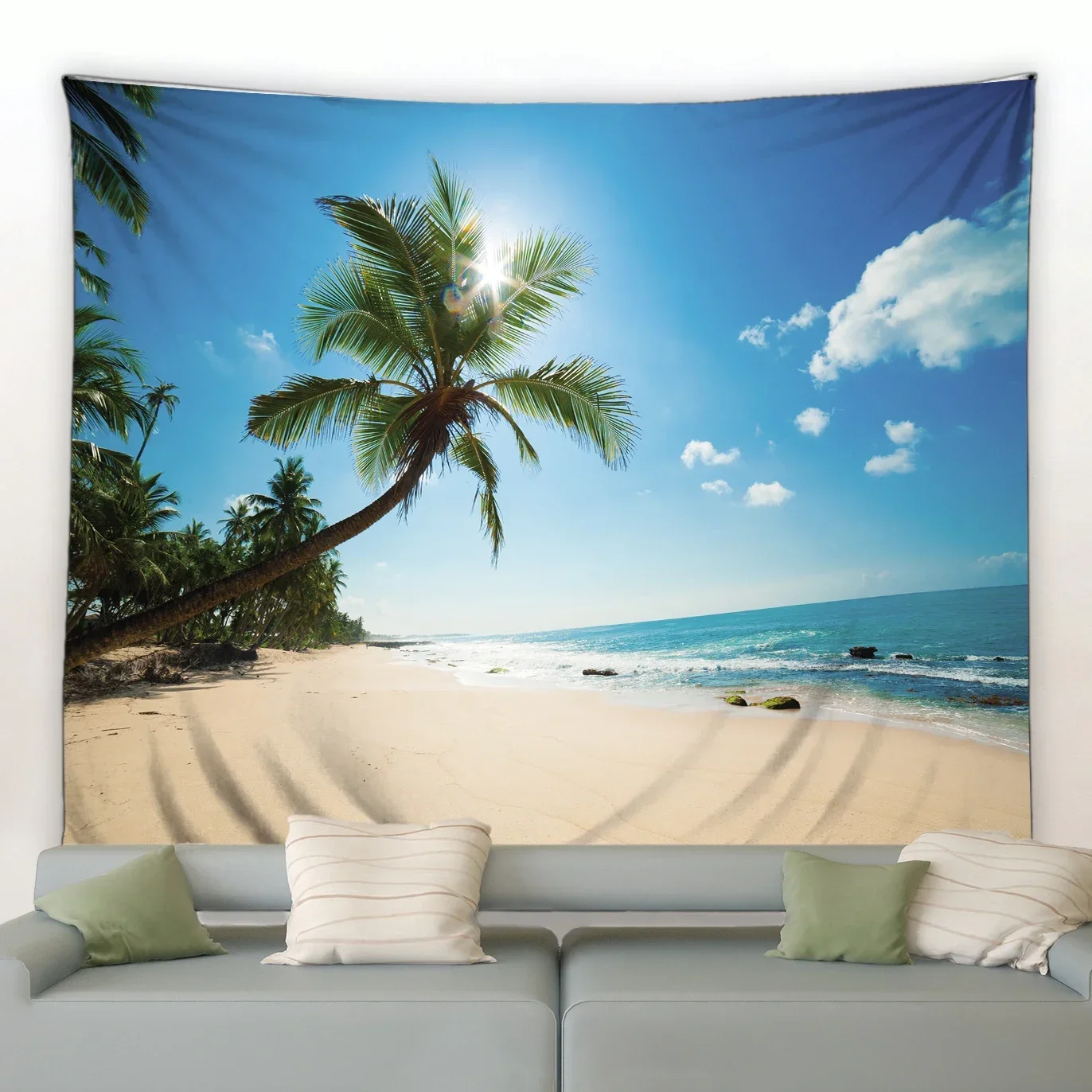 Декор комнаты Эстетический гобелен Пляж Зеленое растение Дерево Океан Пальмовый