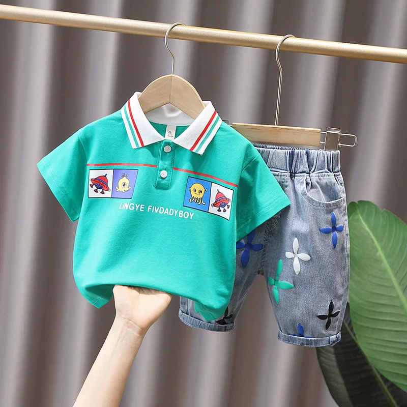 Модный Детский костюм летний комплект одежды для мальчиков футболка с лацканами
