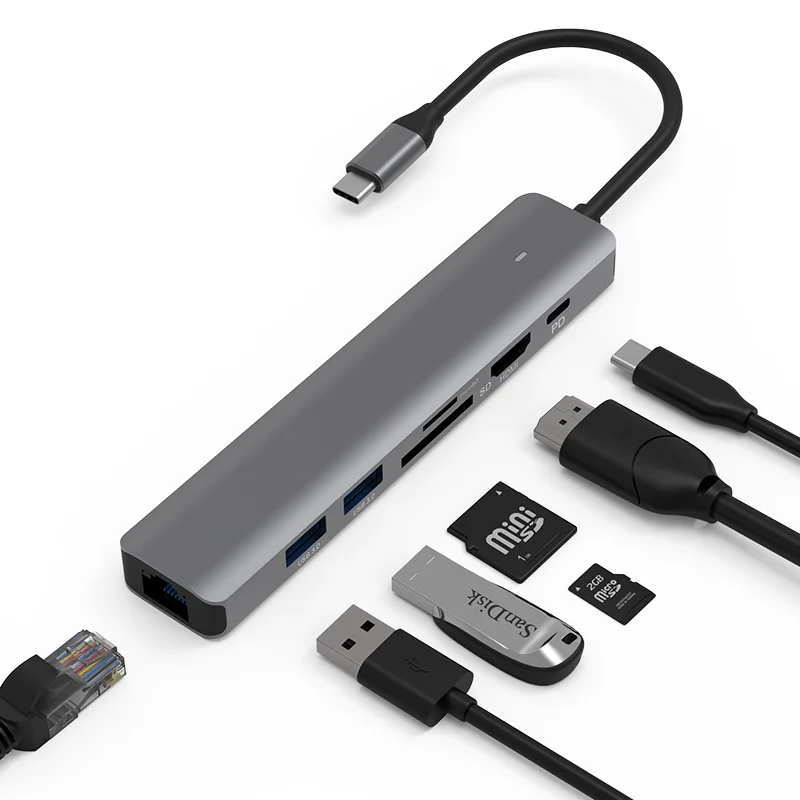 

Адаптер 4K 60 Φ Type C TF SD USB3.0 PD для зарядки GBE Lan, для ноутбука, чипа M1 и док-станции для смартфона Tec