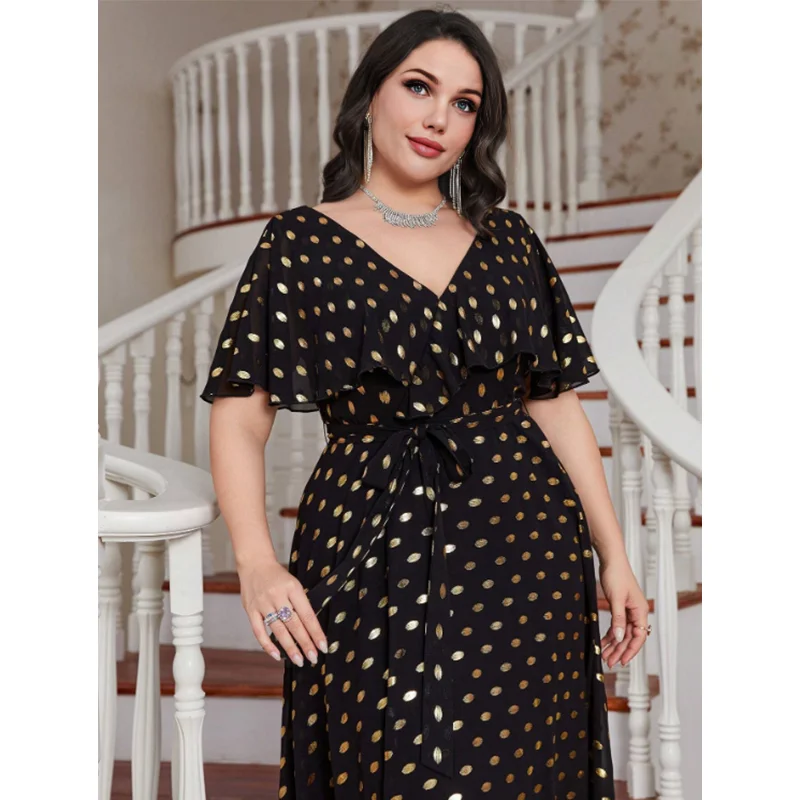 Plus Size V Neck Gold Polka Dot Printed Silk Dress 4XL 5XL White Black Elegant Strap Fashion Plus Size Summer Maxi Dresses