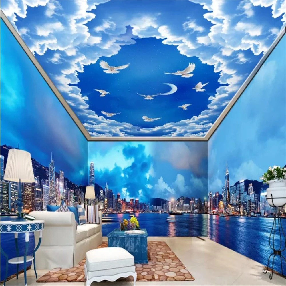 Пользовательские Гонконгские ночные обои пейзаж морское небо дом фон настенная