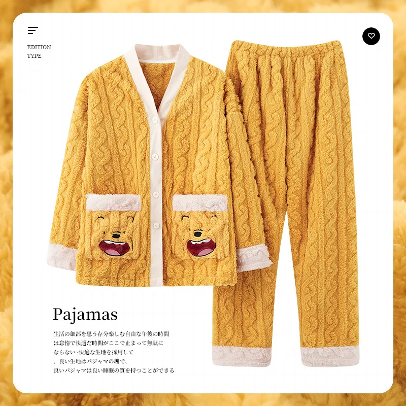 Winter New Coral Velvet Pajamas Women& V-neck Cardigan Warm Flannel Lovely Cartoon Cashmere Home Wear Nightclothes For Girls