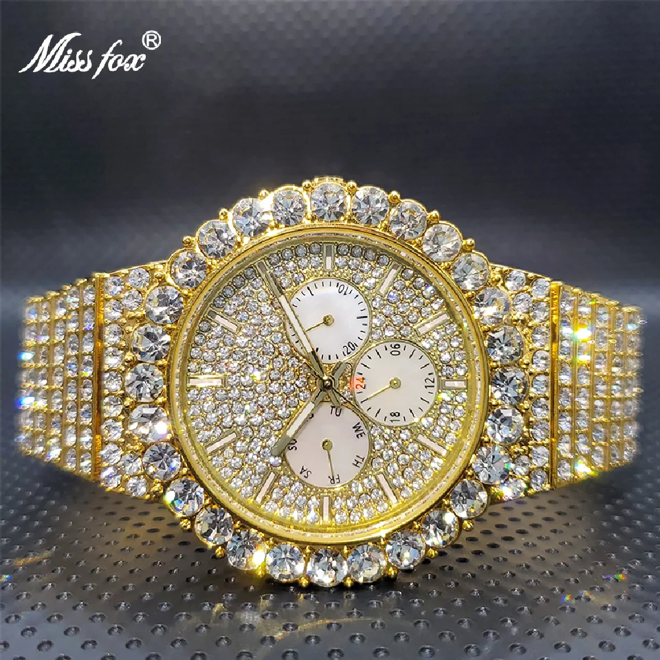 

Reloj Hombre oro MISSFOX Luxury Big Cuban Diamond Men's Watches Of Famous Brands Multifunctional Waterproof Watch Dropshipping