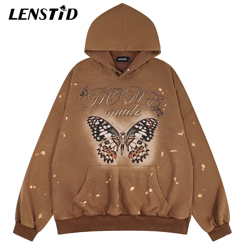 

LENSTID Autumn Men Washed Oversize Pullover Hoodies Hip Hop Butterfly Print Streetwear Harajuku Casual Cotton Hooded Sweatshirts