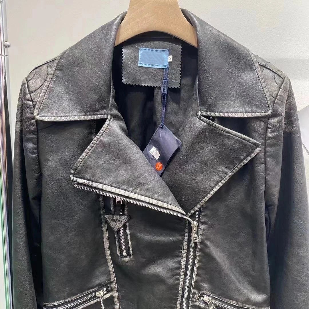 23AW NEW Fashion Women's Vintage Loose Faux Leather Outdoor Motorcycle Black Zipper Laper Jacket PU Imitation Leather Loose Coat