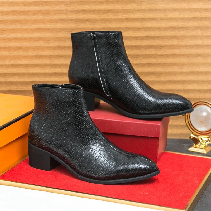 Новые модные мужские ботильоны из змеиной кожи на высоком каблуке для мужчин