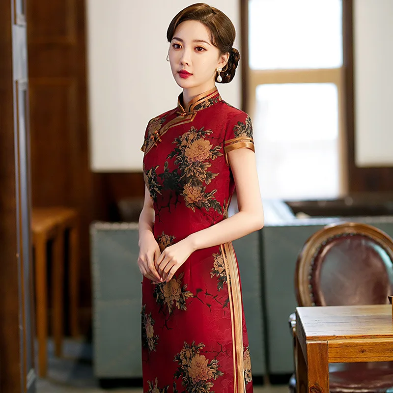 Silk Satin Red Slim Cheongsam Long Classical Wedding Party Qipao Plus Size Chinese Traditional Dress Sexy Vestidos