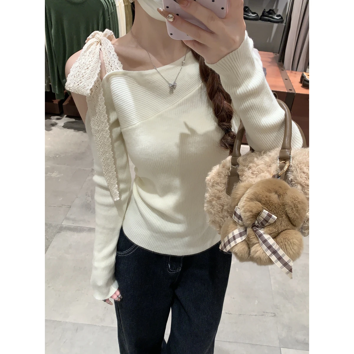 Design Sense Bow на шнуровке облегающий бархатный трикотаж с наклонными плечами женская