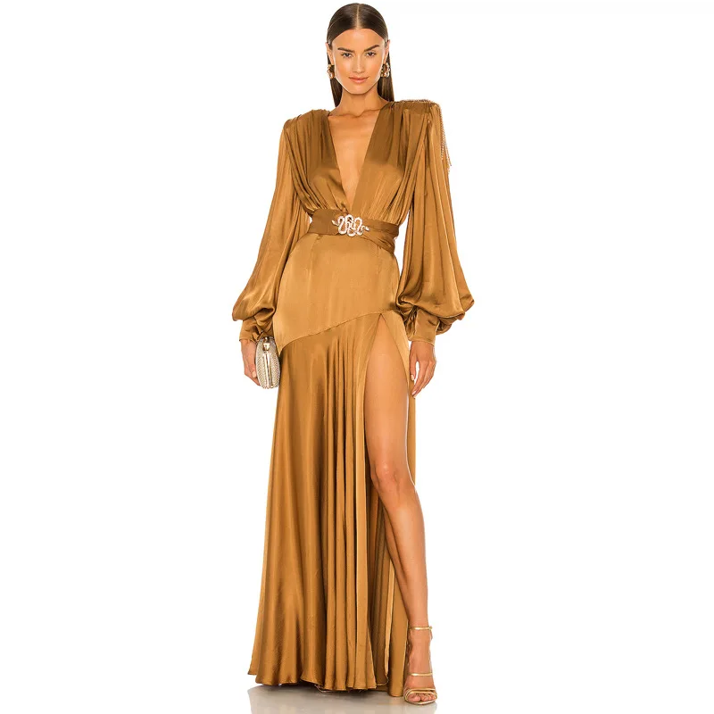 

High end dress women's deep V shoulder decoration tassel lantern horn sleeve hem slit elegant long dress