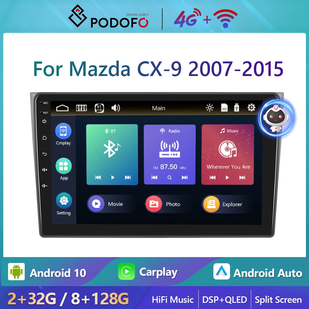 

Автомагнитола Podofo 8 + 128G, Android, для Mazda CX-9 2007-2015, Carplay, Авторадио 4G, Wi-Fi, стереопроигрыватель, Ai Voice, HiFi, музыка, DSP