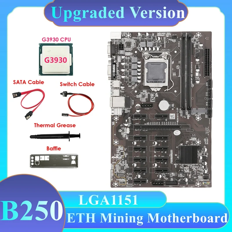 B250B ETH Mining Motherboard+G3930 CPU+Baffle+Switch Cable+SATA Cable+Thermal Grease LGA1151 DDR4 12PCIE MSATA For BTC