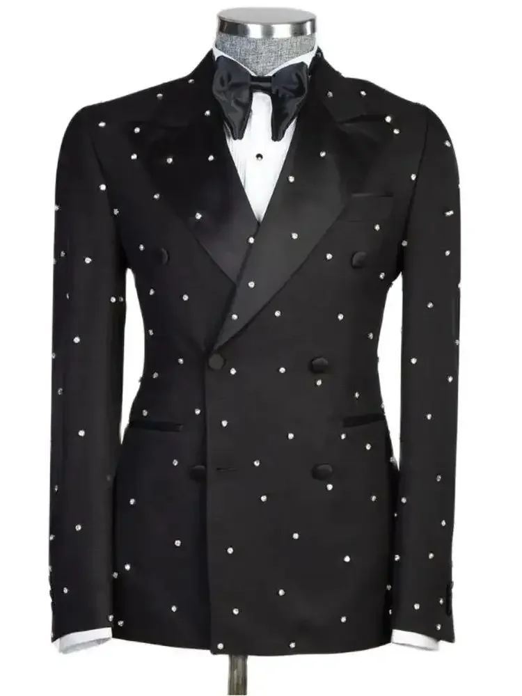 Роскошные черные мужские костюмы для свадьбы кристаллы бисер куртка брюки