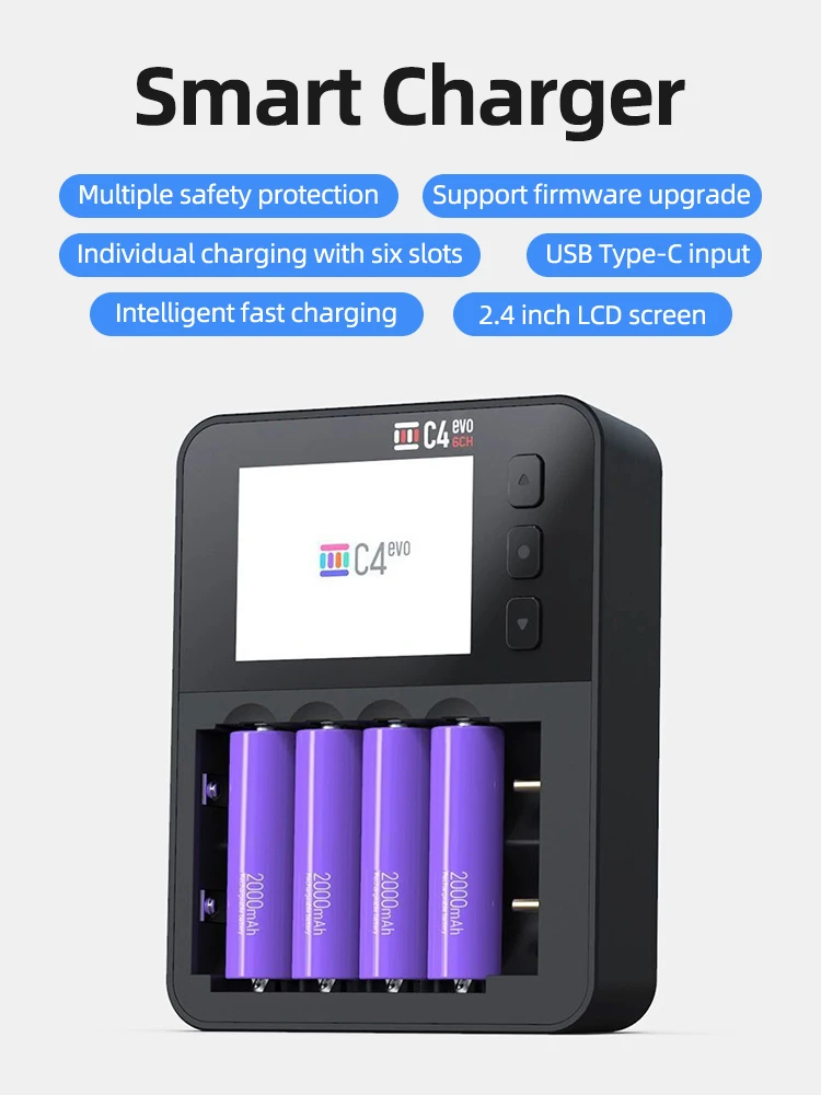 

Интеллектуальное зарядное устройство ISDT C4 EVO, быстрая зарядка, 4 слота, Тип C, QC3.0 PD, AA, AAA, литий-ионная батарея, IPS, ЖК-экран
